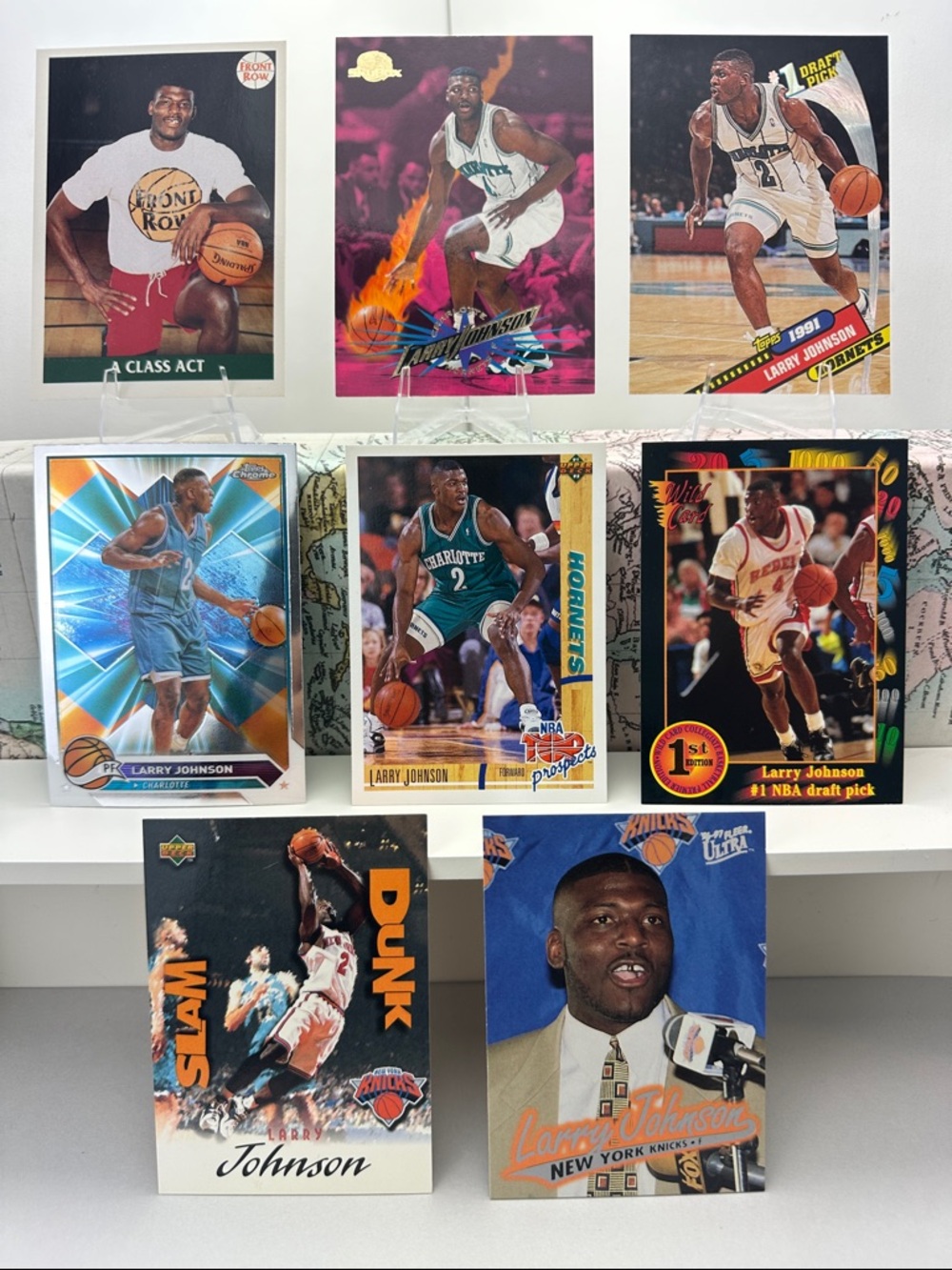 Larry Johnson lot of 8 w/ (3) Hornets/UNLV Rookies & Knicks Debut card